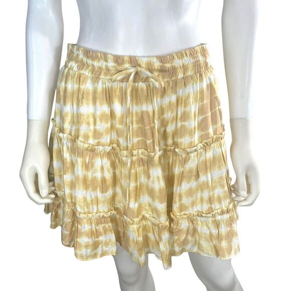 Akaiv Women’s Large Yellow Ruched Tiered Mini Skirt Drawstring BOHO SOHO - Picture 5 of 5